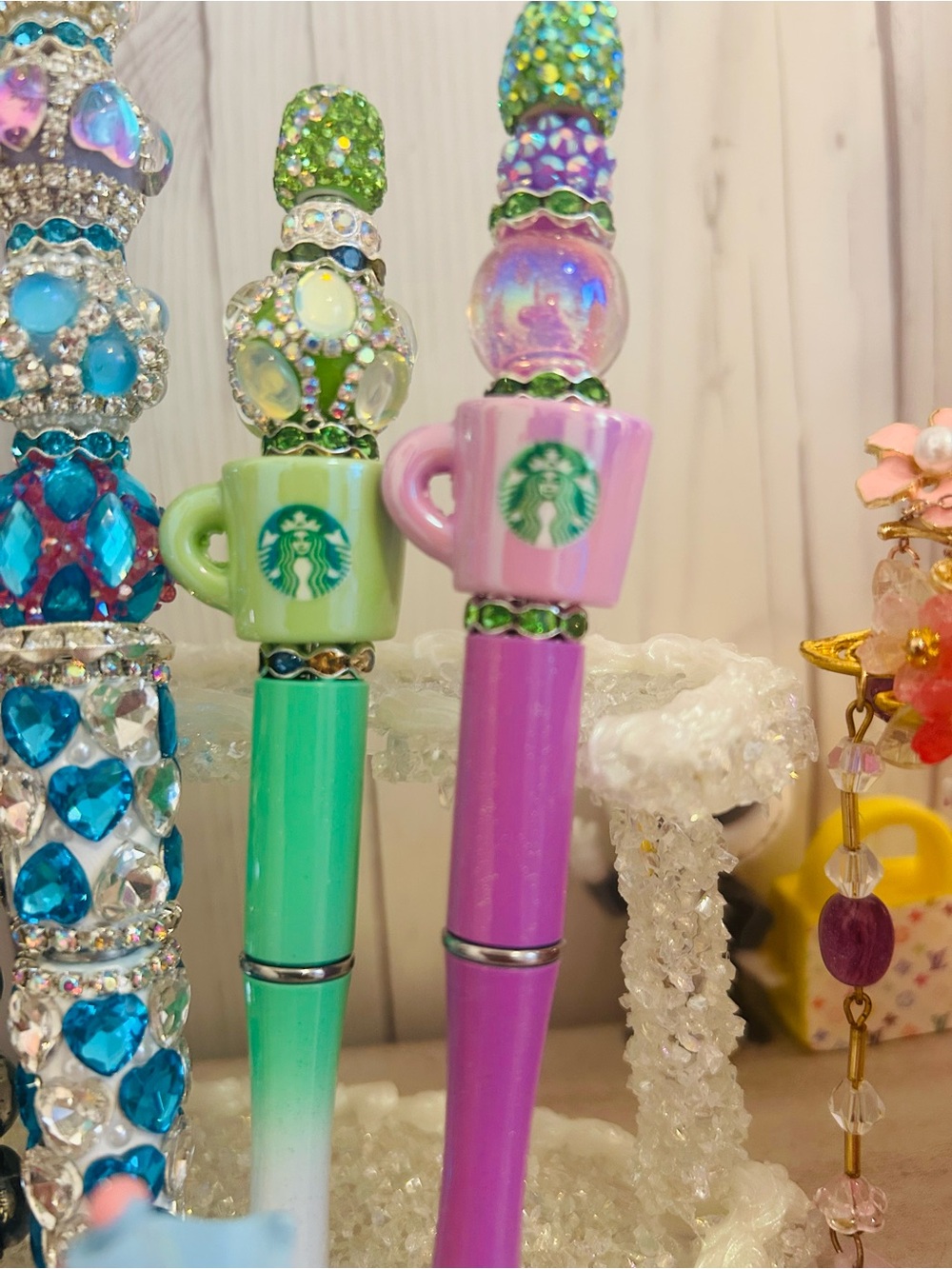 Starbucks Beaded Mini Mug Pen Set- Green & Lavendar